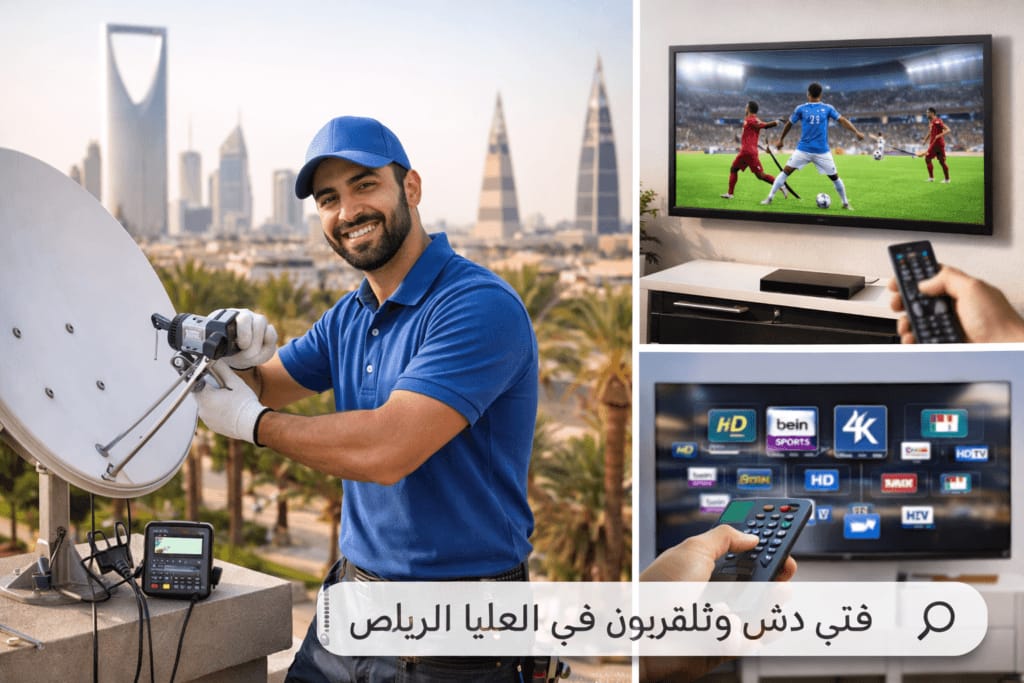 فني يقوم بتركيب وضبط طبق الدش في حي العليا بالرياض مع خدمات تركيب الرسيفر، صيانة الستلايت، وضبط إشارة القنوات بجودة HD و4K.